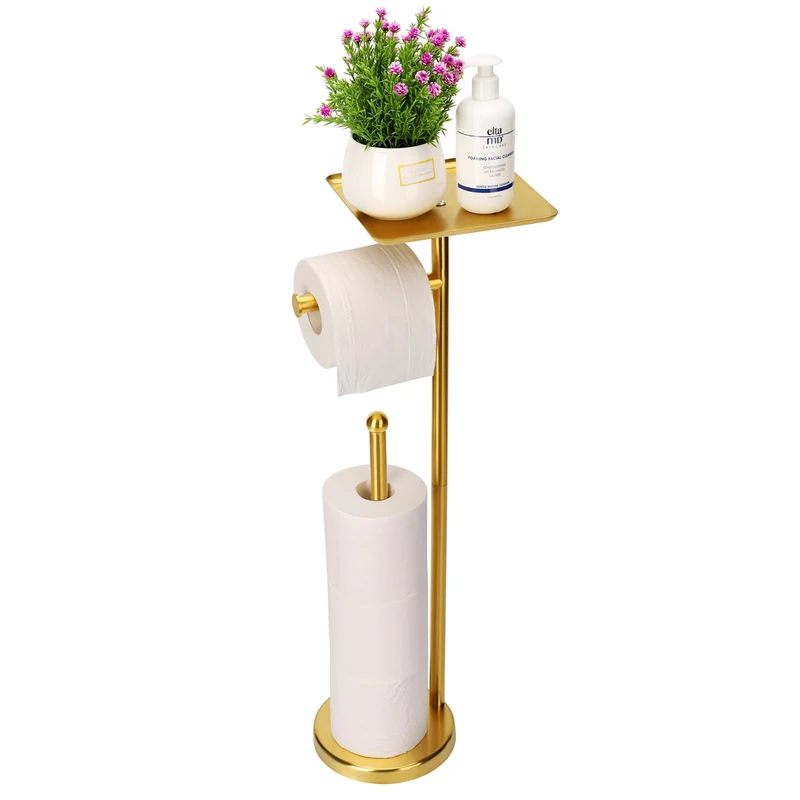 Toilet Paper Holder Stand, Freestanding Toilet Paper Stand with Tray for Small Items, Toilet Paper Holder with Shelf, Storage Space for 4 Extra Toilet Paper Rolls (Gold)