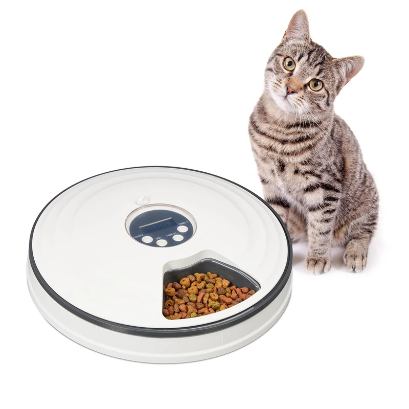 Relaxdays Automatic Pet Feeder, up to 6 Portions, for Cats, HxD: 5.5 x 30.5 cm, Timer Switch, Electric, White/Grey, 5.5 x 30.5 x 30.5 cm