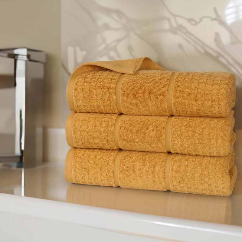 Superior Cotton Bath Towel Set, Zero Twist, Waffle Border, Large Plush Absorbent Body Towels, Luxury Soft Quick Dry, Shower, Spa, Hotel, Pool, Guest Bathroom, Home Essentials, Set of 3, Yellow Gold