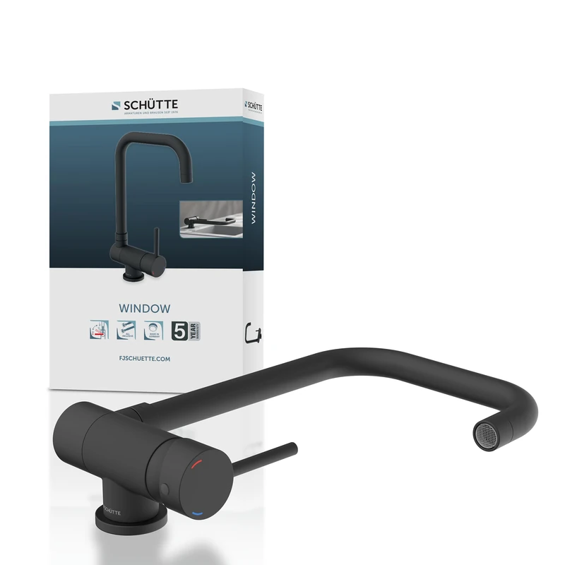 SCHÜTTE 24556 Window Kitchen Faucet, Bottom Window, Sink Fixture, Front Window, Flexible Water Tap, Folding, 360° Rotatable, Single Lever Mixer Tap, Black