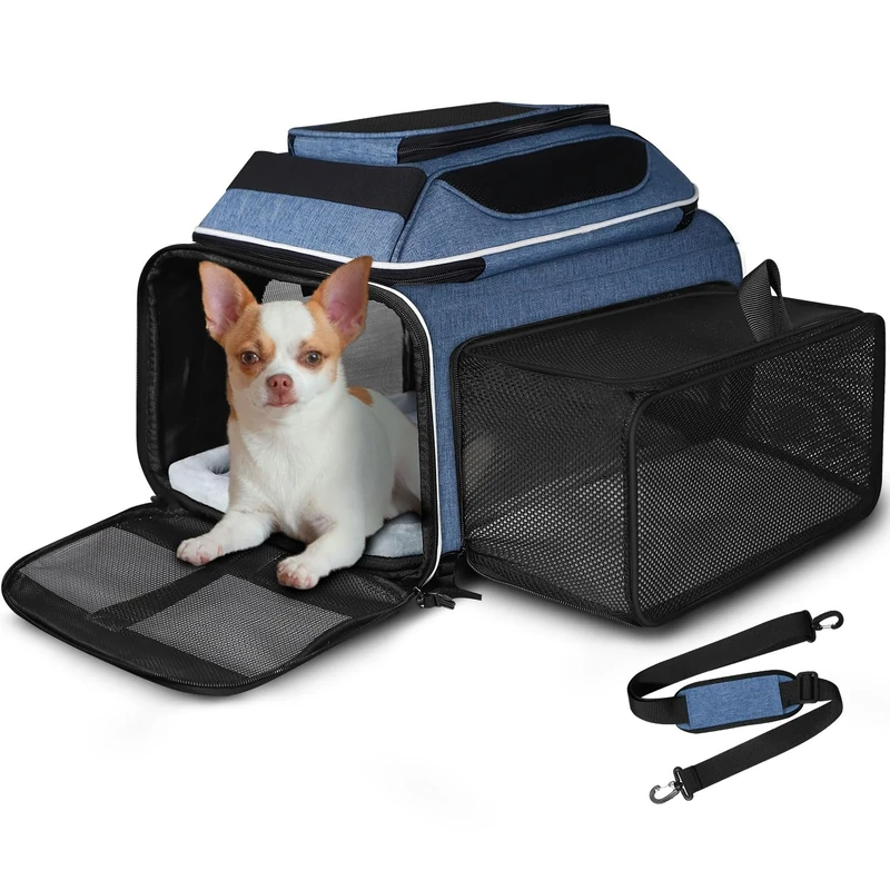 Petskd Top and Side Expandable Pet Carrier 17x13x9.5 Inches Southwest Airline Approved, Soft-Sided Carrier for Small Cats and Dogs with Locking Safety Zippers and Anti-Scratch Mesh(Blue)