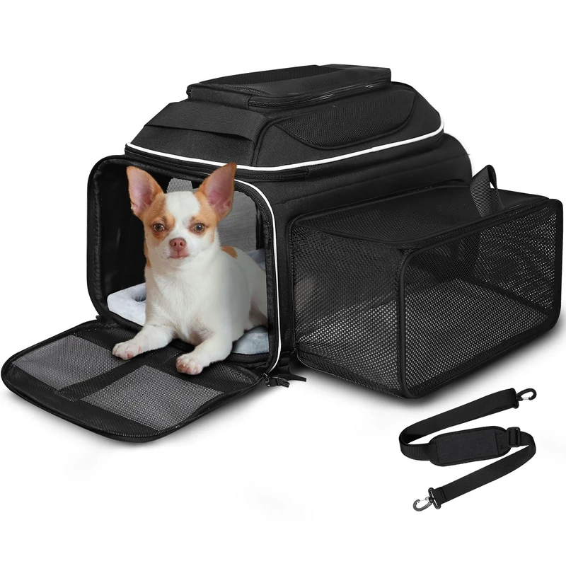 Petskd Top and Side Expandable Pet Carrier 17x13x9.5 Inches Southwest Airline Approved, Soft-Sided Carrier for Small Cats and Dogs with Locking Safety Zippers and Anti-Scratch Mesh(Black)