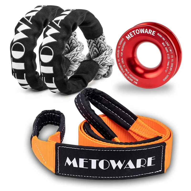METOWARE Snatch Block Ring, Winch Pulley with 2PC 1/2'' Soft Shackle, 3" X 8' Tree Saver Strap Recovery Kit for Off-Road Sailing UTV, ATV, Trucks