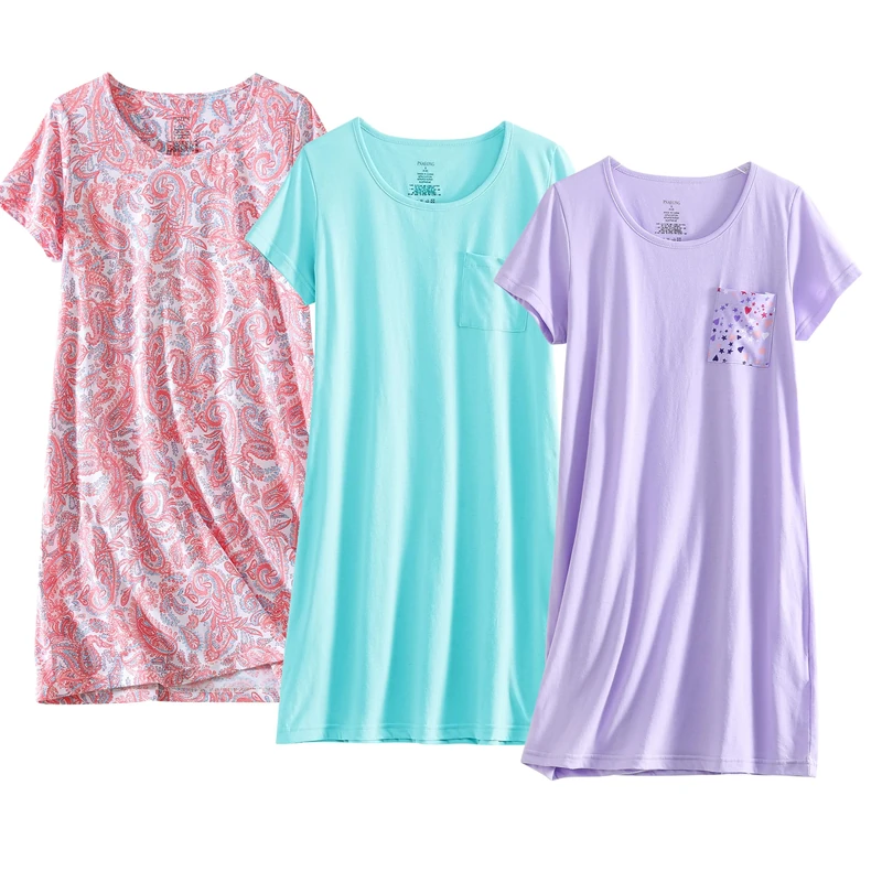 PNAEONG 3 Pack Women's Cotton Nightgown Sleepwear Short Sleeves Shirt Casual Print Sleepdress, Paisley+c Fly+c Purple, XL