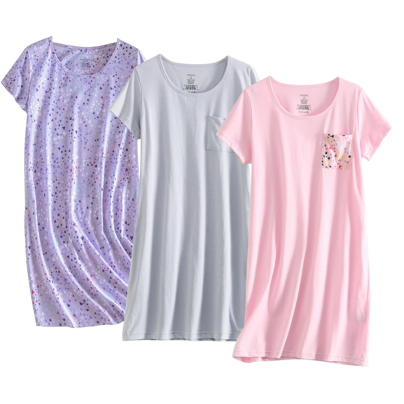 PNAEONG 3 Pack Women's Cotton Nightgown Sleepwear Short Sleeves Shirt Casual Print Sleepdress, Set9, 3XL