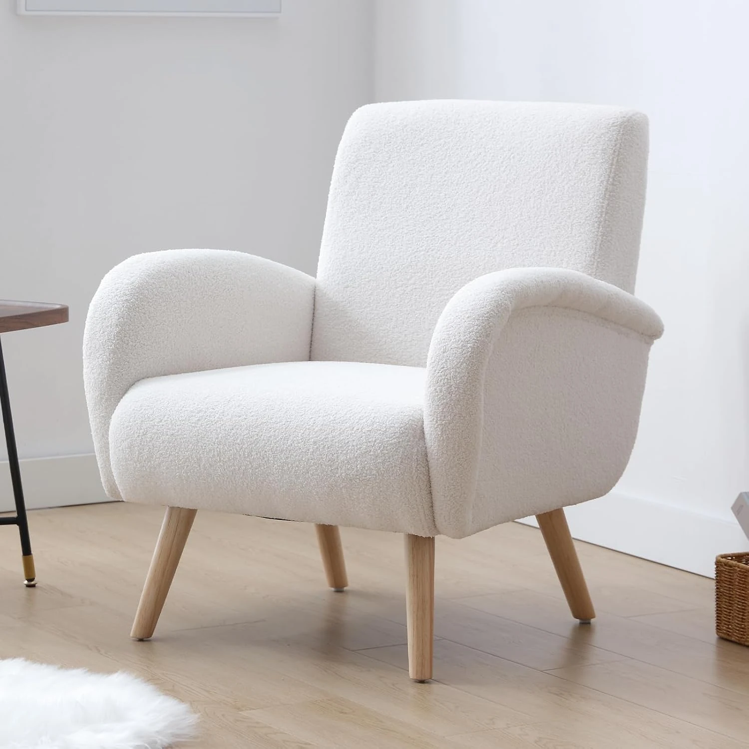 chairus Armchair for Living Room Faux Fur Boucle Accent Chair Single Upholstered Lounge Tub Chair with Wooden Legs (White)