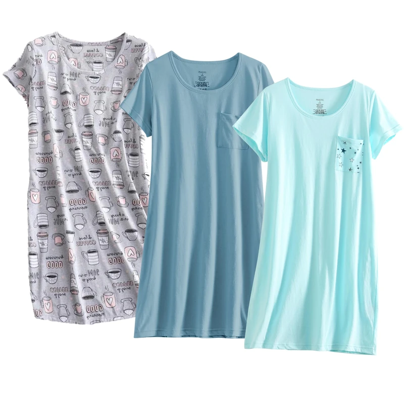 PNAEONG 3 Pack Women's Cotton Nightgown Sleepwear Short Sleeves Shirt Casual Print Sleepdress, Coffee+c Star+c Good Night, XL