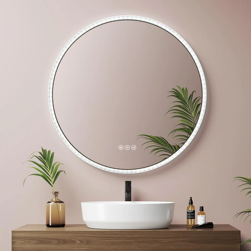 EMKE 3 in 1 Round Bathroom Mirror with LED 60 cm, Round LED Mirror with Touch Switch and Anti-Fog Function and Memory Function, Adjustable Tricolour Light Bathroom Mirror (Black)