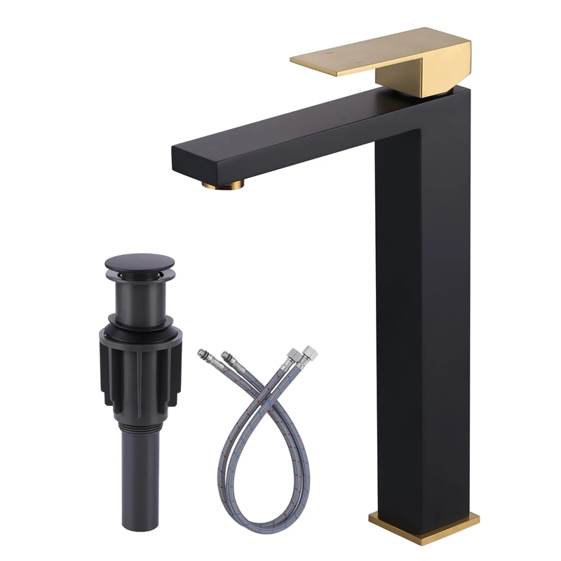 ARCORA Vessel Sink Faucet Black and Gold, Single Handle Tall Bathroom Faucet, Single Hole Lavatory Vanity Mixer Tap with Pop Up Drain and Faucet Supply Lines