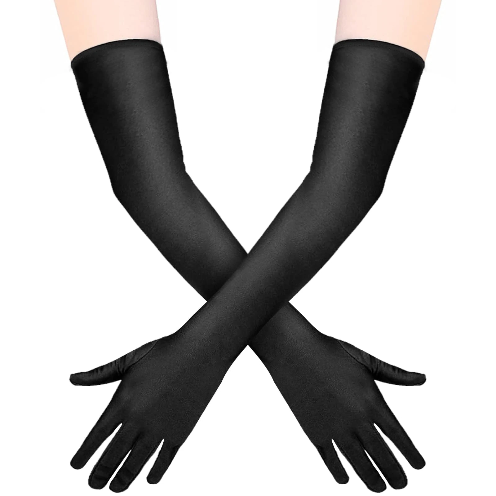 Quelcc Schwarze Lange Handschuhe, 1 Paar Elegant Satin Classic für Damen Mädchen, Kostüm für Halloween Karneval Fasching Fest Party