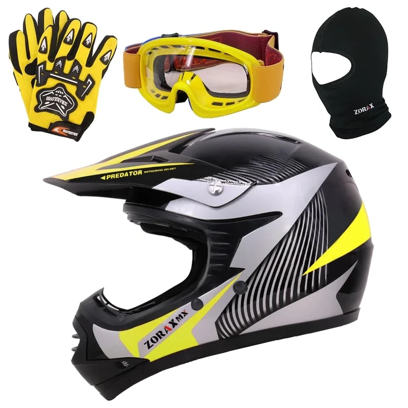 Zorax ZOR-X19 Yellow M (51-52cm) PREDATOR Kids Motorbike Motocross MX Helmet ECE 2206 & Gloves M (6cm) & Goggles & Balaclava
