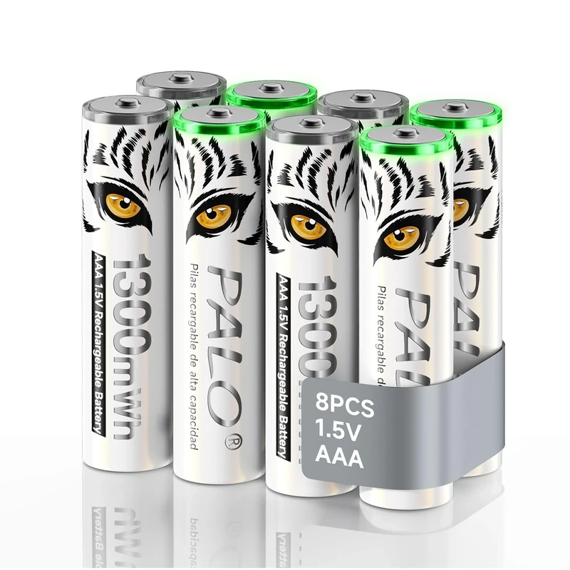 Mspalocell Lithium AAA Battery 1.5V 1300mWh, Tiger Print & with Charging Light, 1500 Cycle Quick Charge AAA Batteries Rechargeable, Pack of 8 Batteries with Battery Box