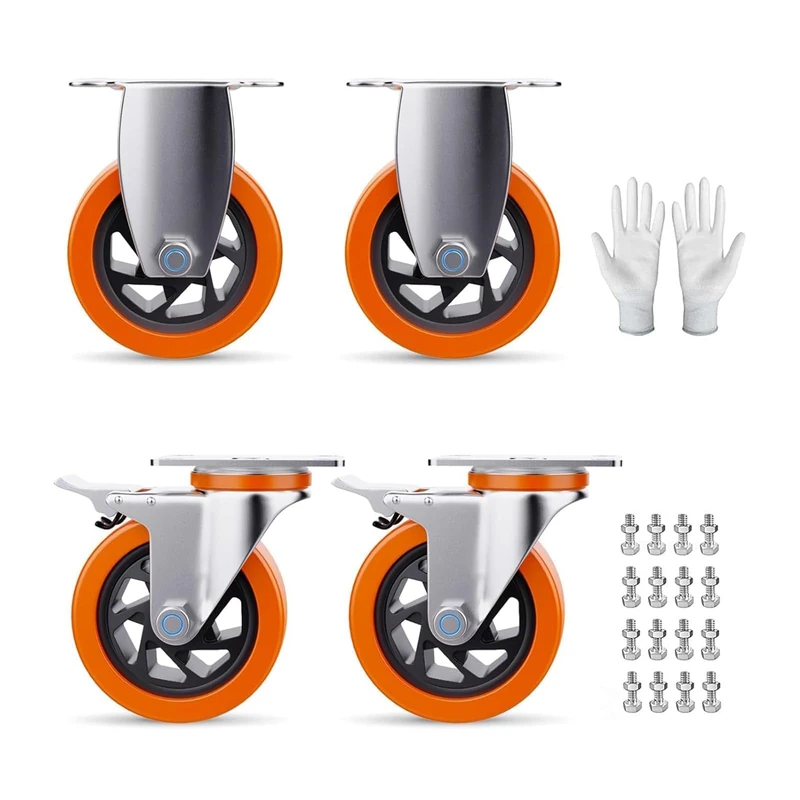 5 Inch Heavy Duty Caster Wheels, Lockable Brakes Bearing Plate Casters, 360 Degree Swivel Casters for Cart, Furniture, Workbench, Set of 4 (Bonus of Screws Gloves)