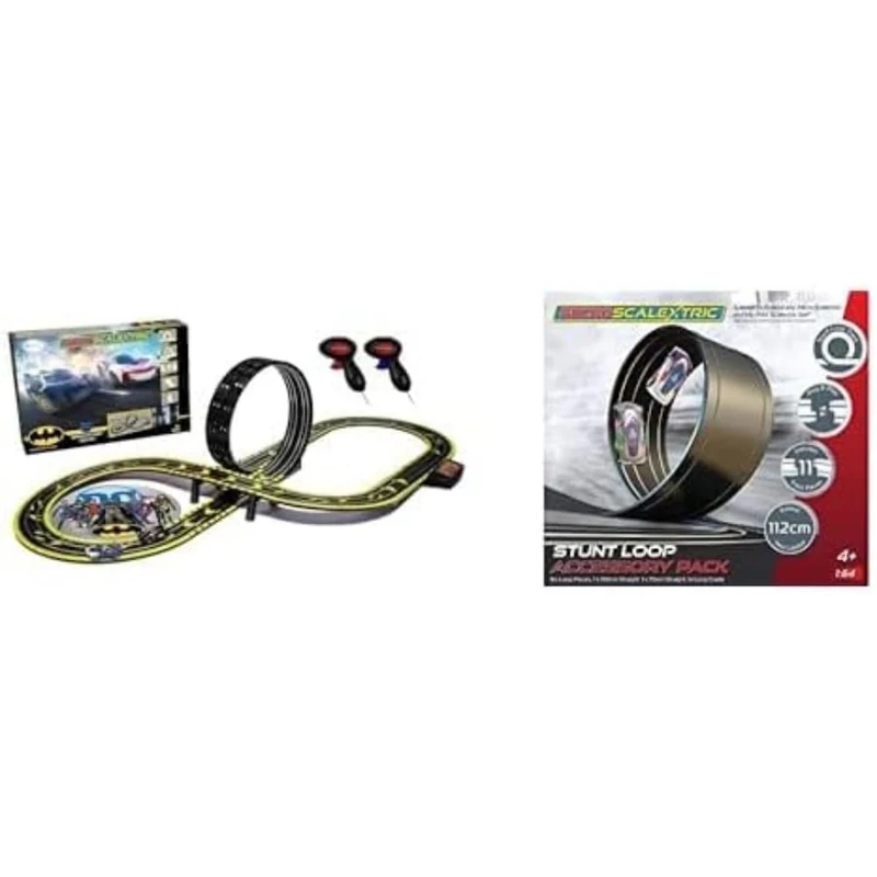 Micro Scalextric Sets for Kids Age 4+ - Batman vs Joker Set, Battery Powered Electric Racing Track Set, Slot Car Race Tracks - Includes 1x Race Set & 1x Stunt Extension Pack - Stunt Loop