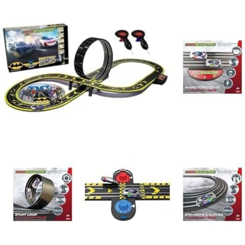 Micro Scalextric Sets for Kids Age 4+ - Batman vs Joker Set, Battery Powered Electric Racing Track Set, Slot Car Race Tracks - Includes 1x Race Set & Complete Micro Scalextric Accessories Bundle