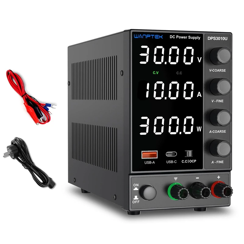 WANPTEK POWER DC Power Supply Variable 0-30V 0-10A, Bench Power Supply Adjustable with OCP Protection/USB-A & Type-C Fast Charge/Encoder Corase & Fine Knob/High Precision 4-Digit Display