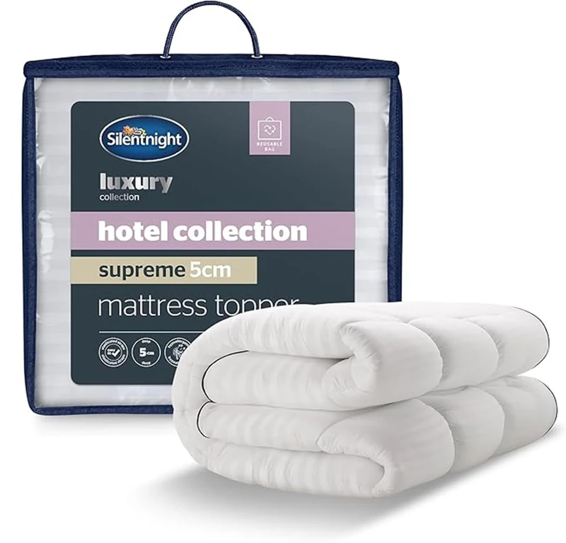 Silentnight Hotel Collection Mattress Topper Double Bed - Luxury Soft Silky Comfortable 5cm Thick Deep Mattress Protector Pad Cover with Deep Fit Elasticated Straps - Double - Image 1