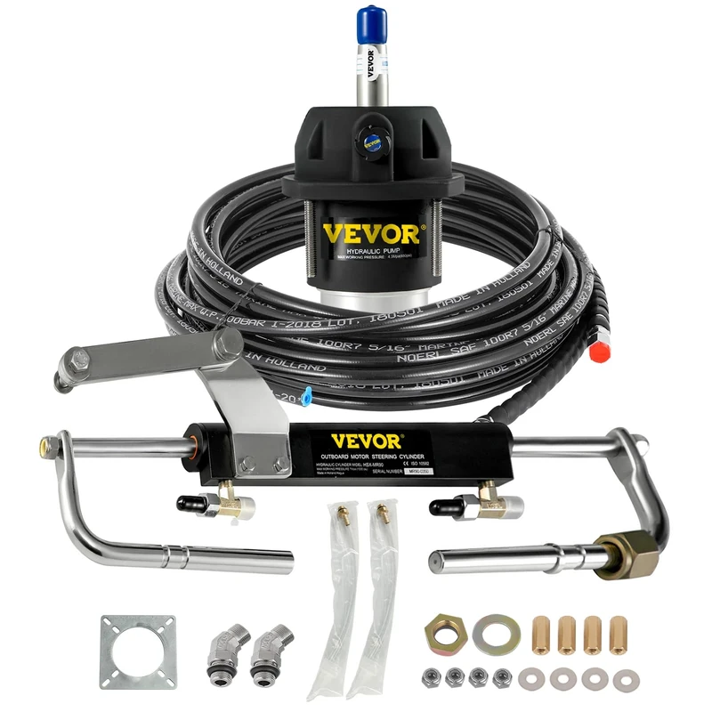 VEVOR Hydraulic Outboard Steering Kit, 90HP, Marine Boat Hydraulic Steering System, with Helm Pump Two-Way Lock Cylinder and 20 Feet Hydraulic Steering Hose, for Single Station Single-Engine Boats