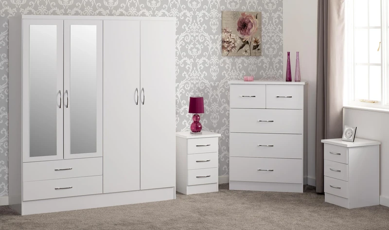 Seconique Nevada 4 Door 2 Drawer Wardrobe Bedroom Set in White Gloss