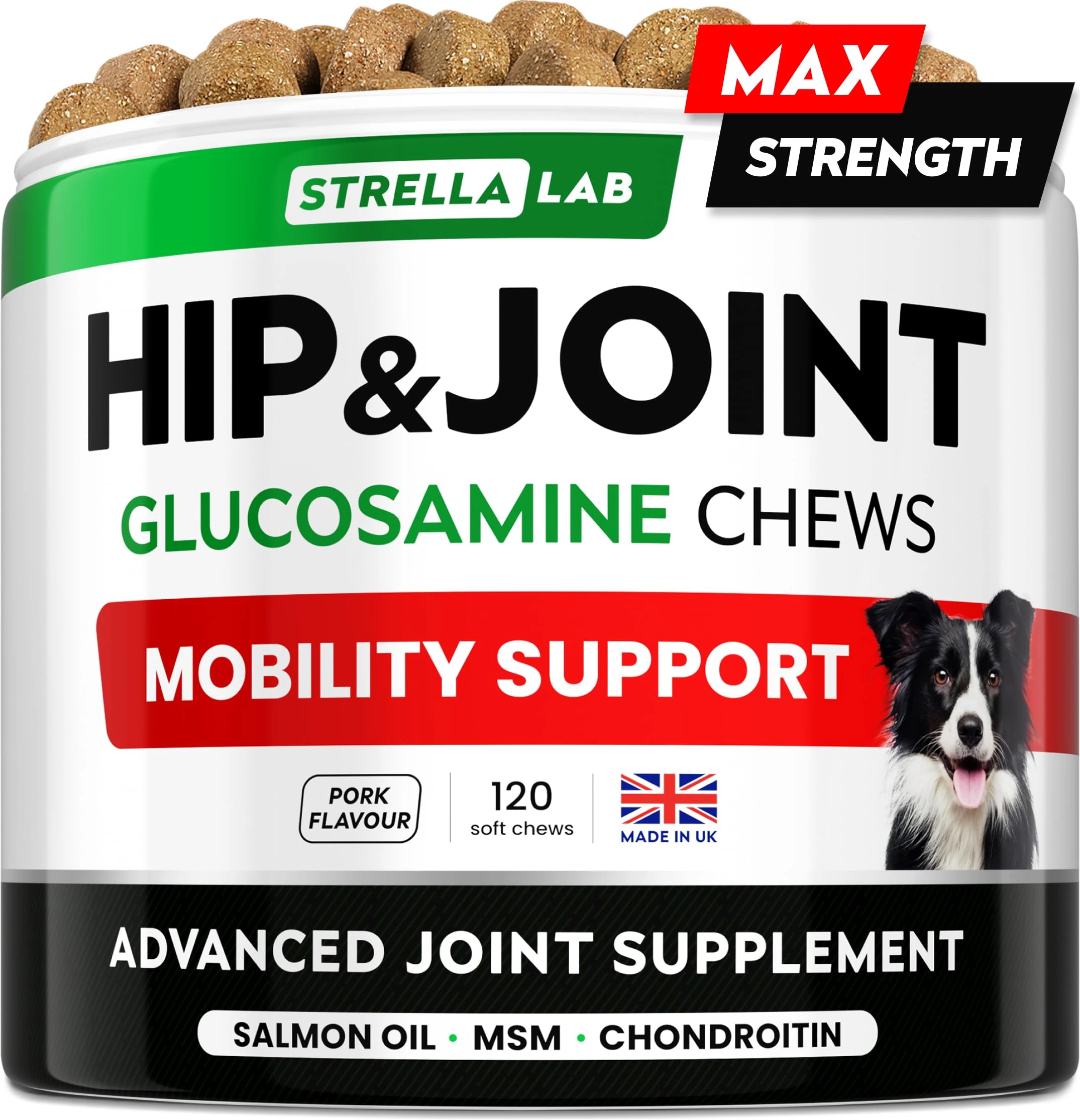 STRELLALAB – Treats Over Tablets! Advanced Dog Joint Supplement Chews – Hip & Joint Health Care with Glucosamine & Chondroitin – Made in UK – Senior & Adult - 120 Count