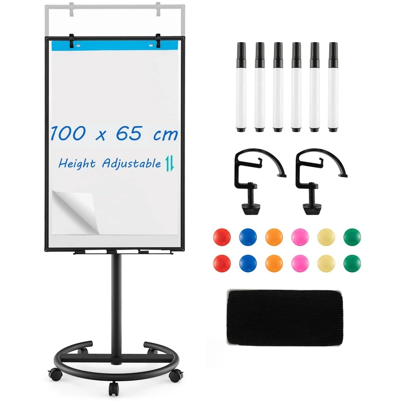 GIANTEX Flipchart Stand 100 x 65 cm, Mobile Whiteboard on Wheels, Height-Adjustable Magnetic Board with Pen Tray, Dry Eraser, Markers, Magnets & Clips (Black) - Image 1