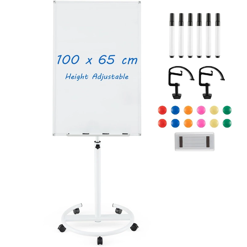 GIANTEX Flipchart Stand 100 x 65 cm, Mobile Whiteboard on Wheels, Height-Adjustable Magnetic Board with Pen Tray, Dry Eraser, Markers, Magnets & Clips (White) - Image 1