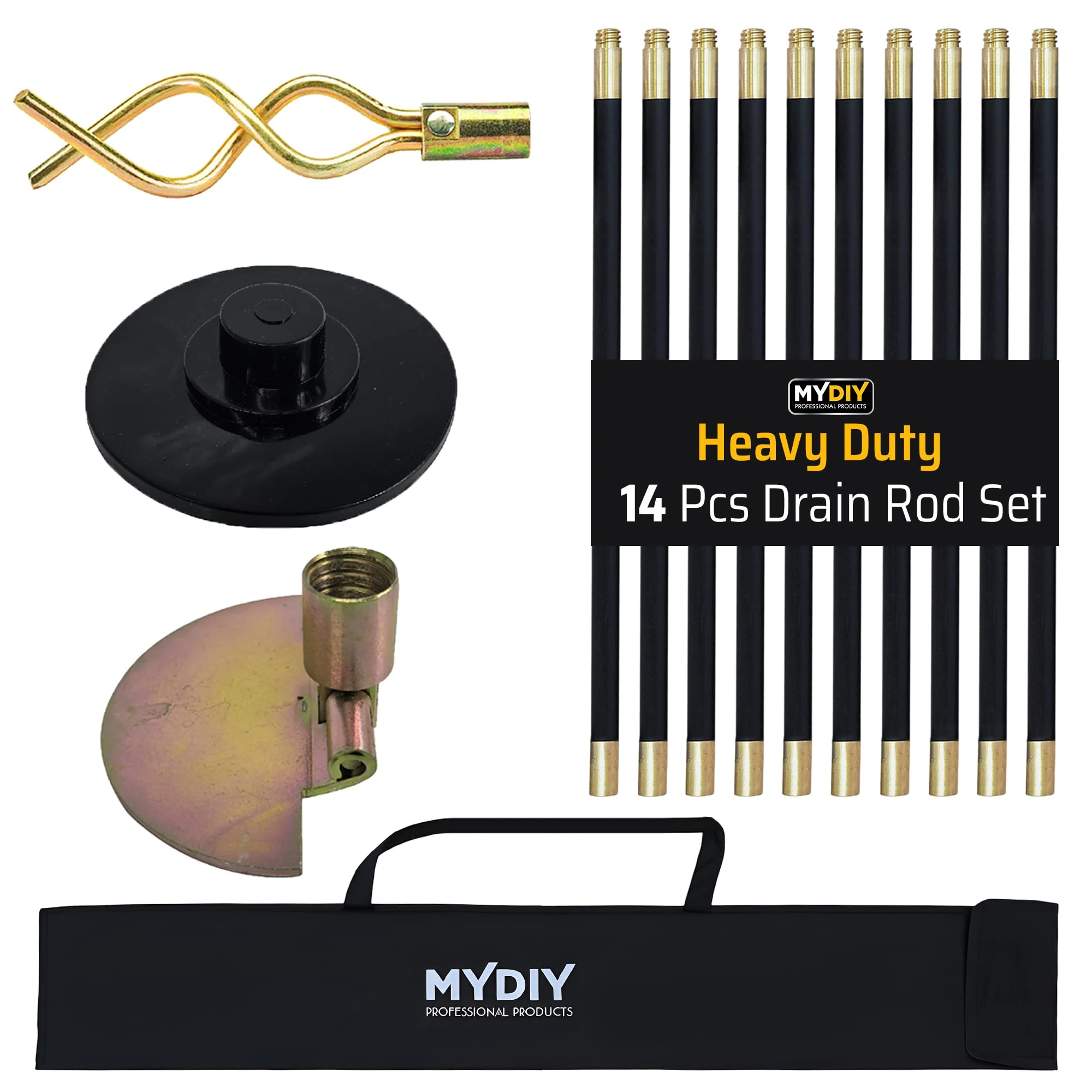 MY DIY 31ft Drain Rod Set 14Pcs Includes Easy Carry Storage Bag Plunger Double Worm Screw & Connectors Heavy Duty Sewer Gutter Cleaning Drain Unblocker Tool Reaches Up to 9.4m Length Domestic Home Use