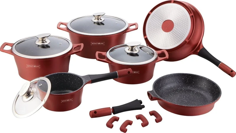 ROYALTY LINE, 17-Piece Set, die-cast Aluminum cookware Set, Marbled Coating, with Silicone Handles, 24-28 cm, Red