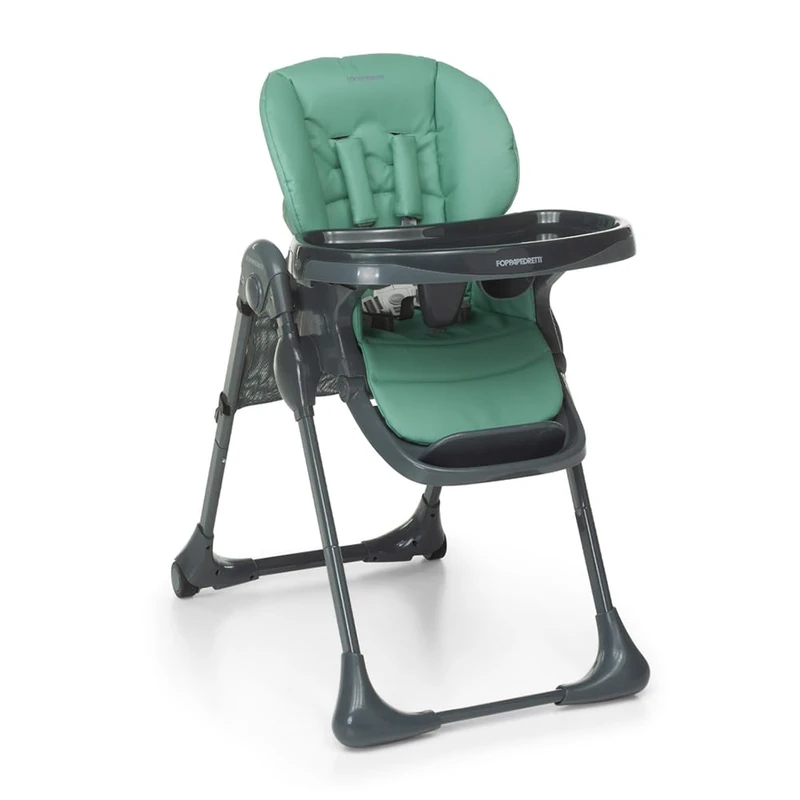 Foppapedretti Gourmand Highchair, Children from 6 Months to 3 Years (up to 15 kg), Lightweight and Compact, Soft Removable and Washable Padding, Multi-Position Recline, Storage Basket, Green