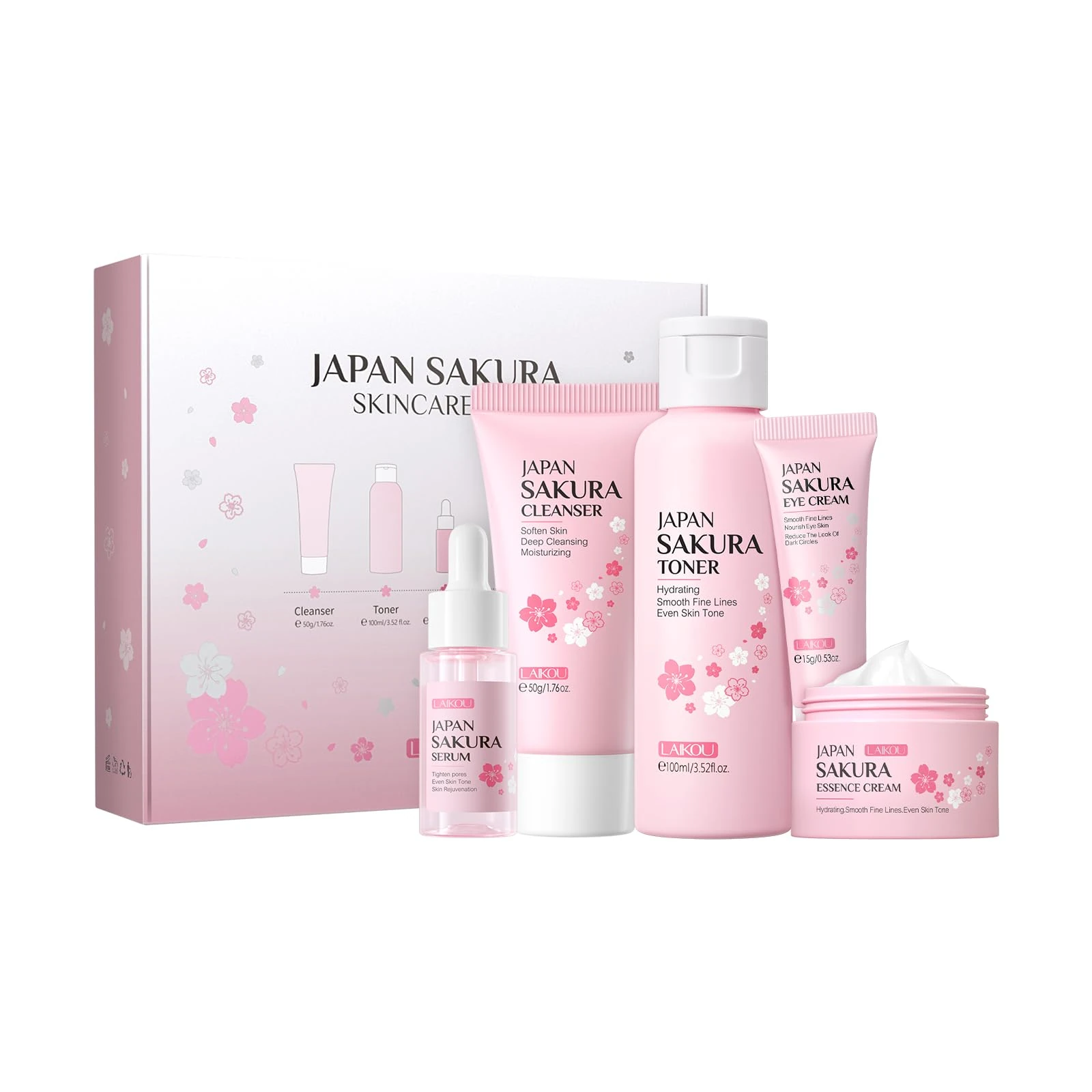 LAIKOU SkinCare Set, JAPAN Sakura Skin Care Sets & Kits - Cleanser,Toner,Face Serum,Eye Cream,Face Cream, Gift Set for Teenage Girls Women Mom Daughter Birthday, Travel Kit for All Skin Types, 5pcs