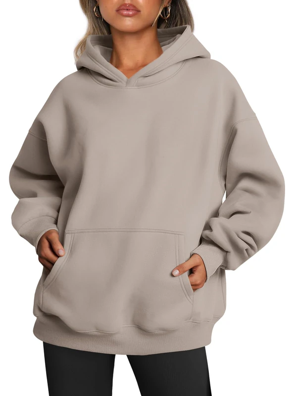 Trendy Queen Womens Oversized Hoodies Fleece Sweatshirts Long Sleeve Sweaters Pullover Fall Clothes with Pocket, Coffee Grey, XS