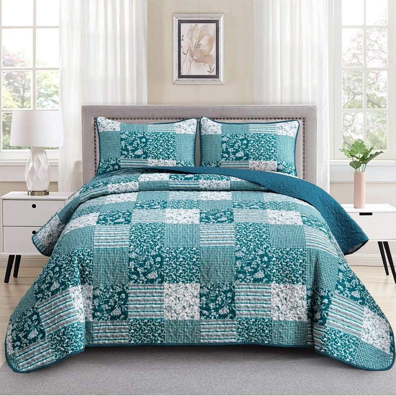 Mybedsoul Teal Blue Quilt Set Queen Size 3 Pieces Boho Plaid Turquoise Floral Bedspread Set Microfiber Lightweight Bohemian Bedding Bedspread Coverlet Set for All Season 90"x96" - Image 1