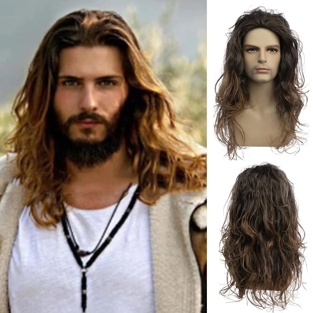 Qnbiar Long Curly Wavy Brown Wigs for Men Synthetic Natural Party Halloween Cosplay Hair Wig