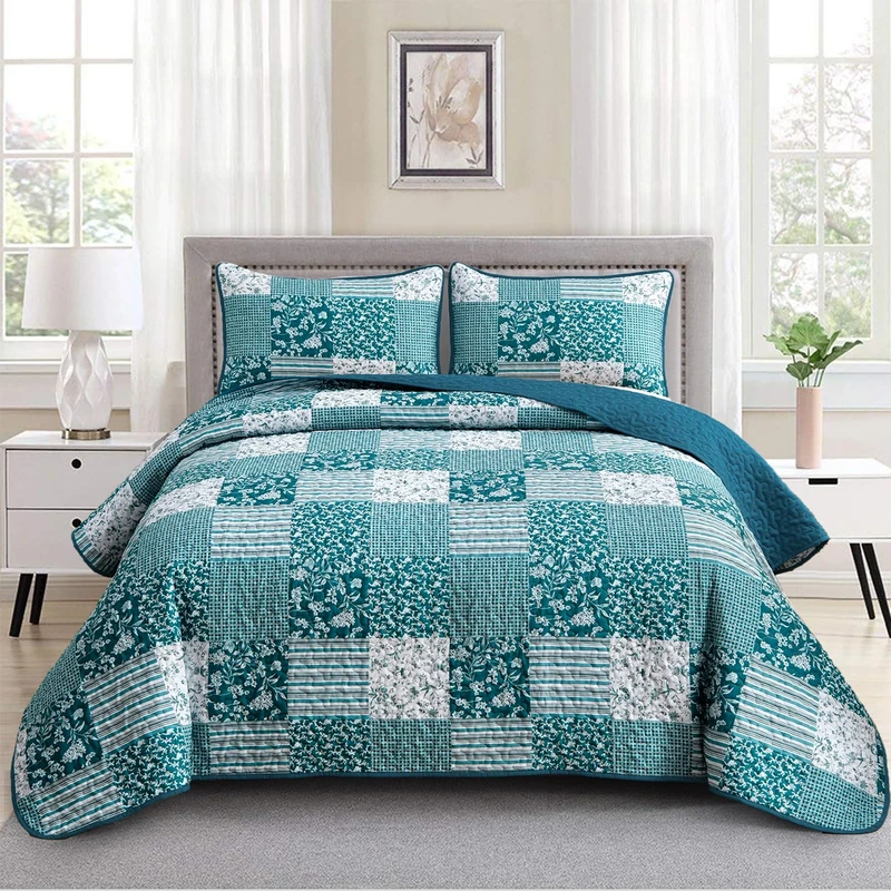 Mybedsoul Teal Blue Quilt Set King Size 3 Pieces Boho Plaid Turquoise Floral Bedspread Set Microfiber Lightweight Bohemian Bedding Bedspread Coverlet Set for All Season 90"x104"