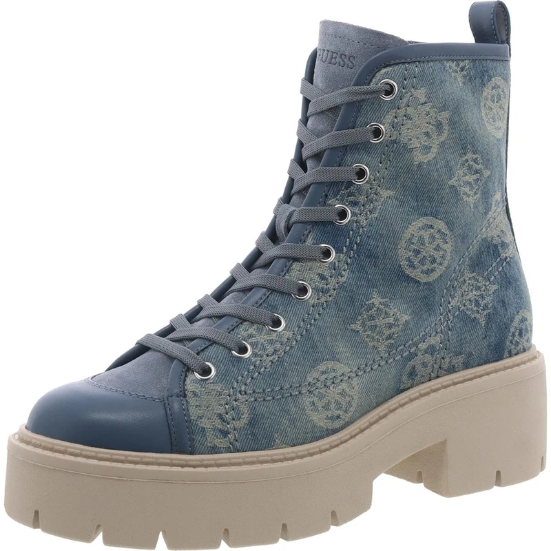 GUESS Women's Shutter Combat Boot, Blue Denim Logo, 6.5 UK