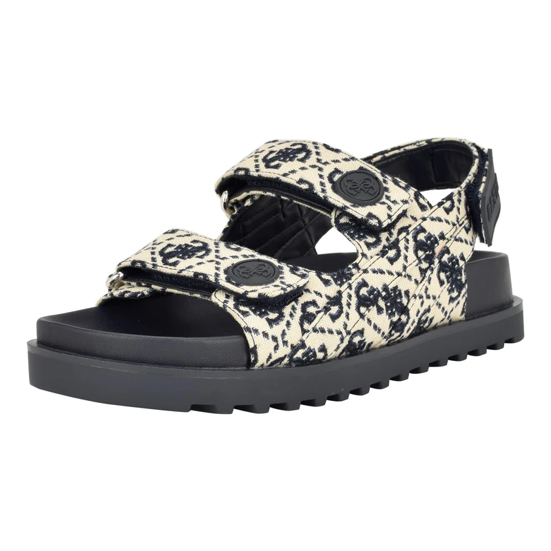 GUESS Women's Fadey Flat Sandal, Ivory/Dark Blue Logo Multi, 3.5 UK
