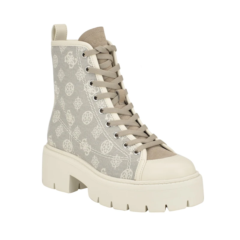 GUESS Women's Shutter Combat Boot, Ivory Logo Multi, 5.5 UK