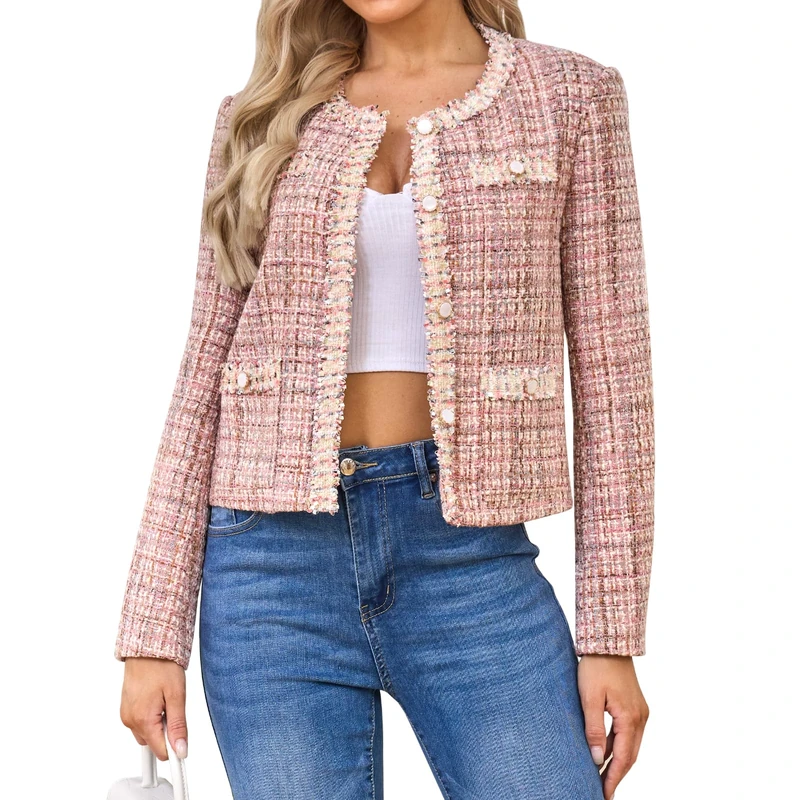 Xaspee Women's Tweed Blazers Cropped Long Sleeve Crewneck Open Front Lace Trim Lightweight Plaid Work Blazer Jackets, Pink, XL - Image 1