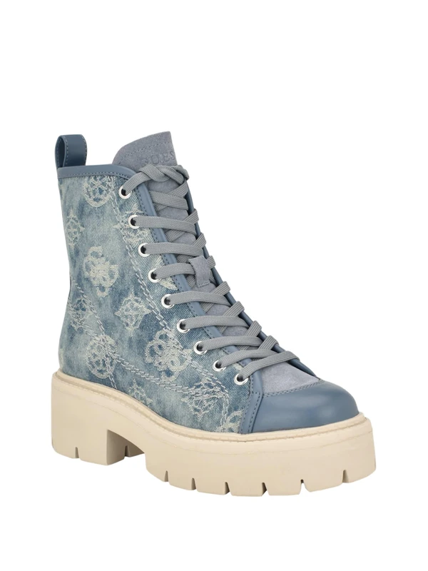 GUESS Women's Shutter Combat Boot, Blue Denim Logo, 4.5 UK