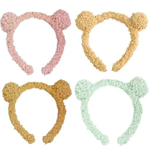 RedFlameDS 4 Pcs Headbands with Bear Ears Cute Makeup Hairbands，Skincare Headband Makeup Headband （pinkgreenyellow rown）