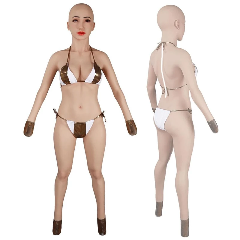 Oppaionaho Realistic Silicone Bodysuit with Female Mask+Silicone Breast E Cup+Arms, One Piece Crossdressing Jumpsuit for DQ Cosplay Transgender (#3, Silicone Filler)