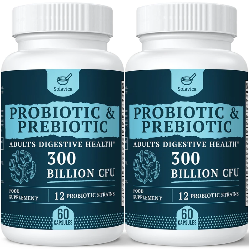 300 Billion CFU Probiotics for Digestive Gut & Immune Health, Advanced Strength Probiotics with 12 Diverse Strains + 3 Prebiotics for Women & Men (60 Count (Pack of 2))