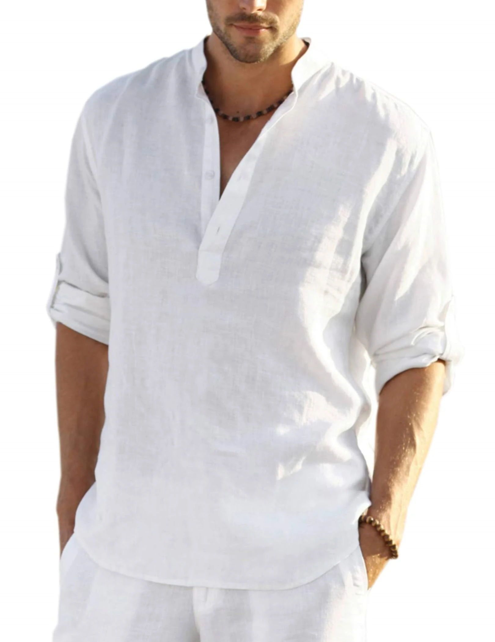 COOFANDY Men's Linen Henley Shirt Cotton Summer Long Sleeve Hippie Casual Beach T Shirts M A-White