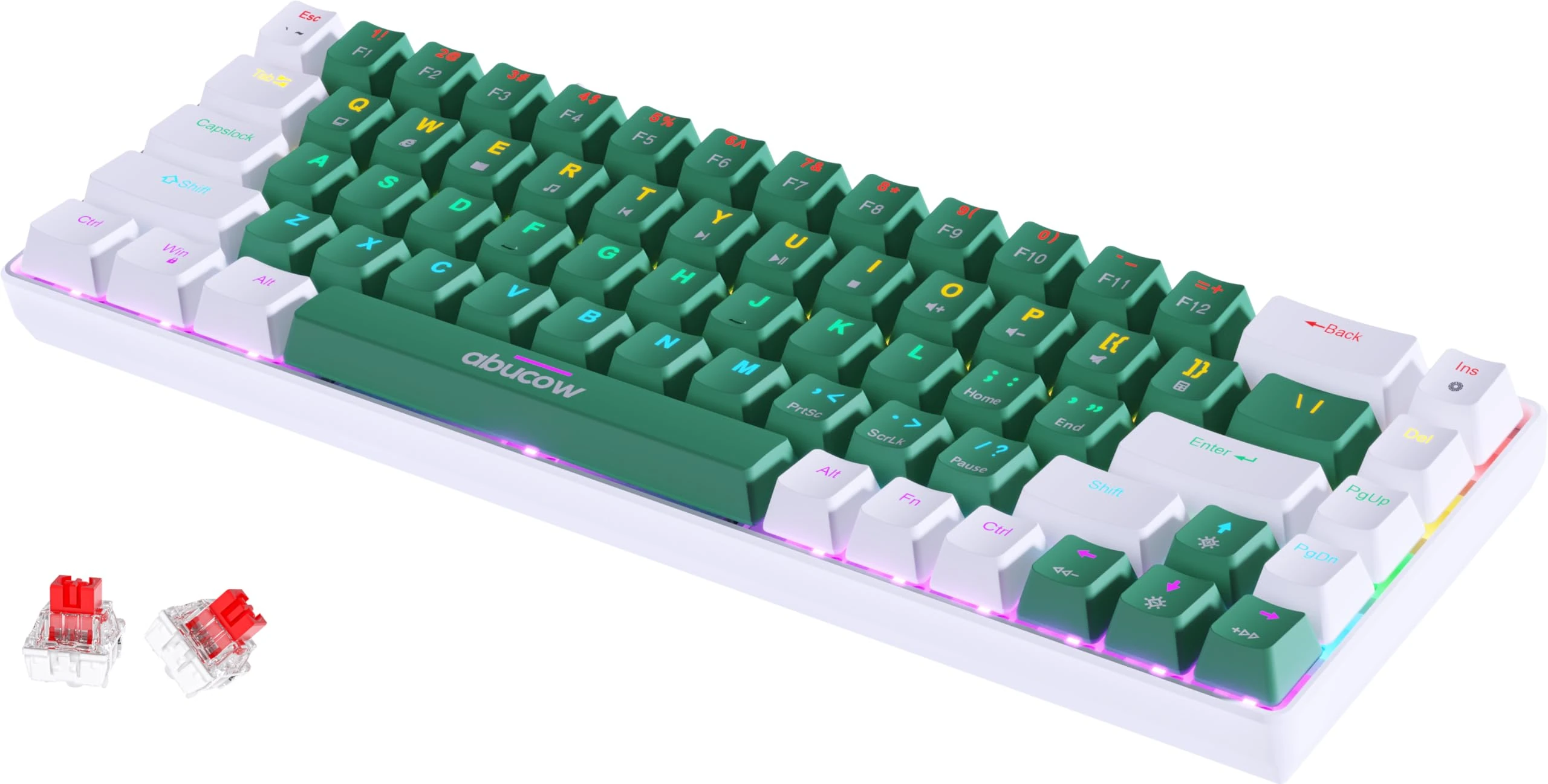 abucow 68-Key Mechanical Keyboard with Blue Backlight 60% Gaming Keyboard Black-Gray Keycaps - Red Switches for a Premium Typing and Gaming Experience on PC and Mac (White-Green)