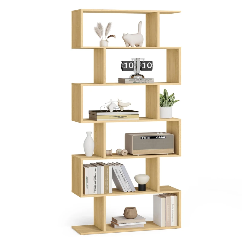 VASAGLE Bookshelf, 6-Tier Bookcase, 24 x 70 x 191.6 cm, Room Divider, Cube Display Shelf, Freestanding Storage Shelf, Modern Style, for Living room, Bedroom, Office, Natural Oak LBC061T70