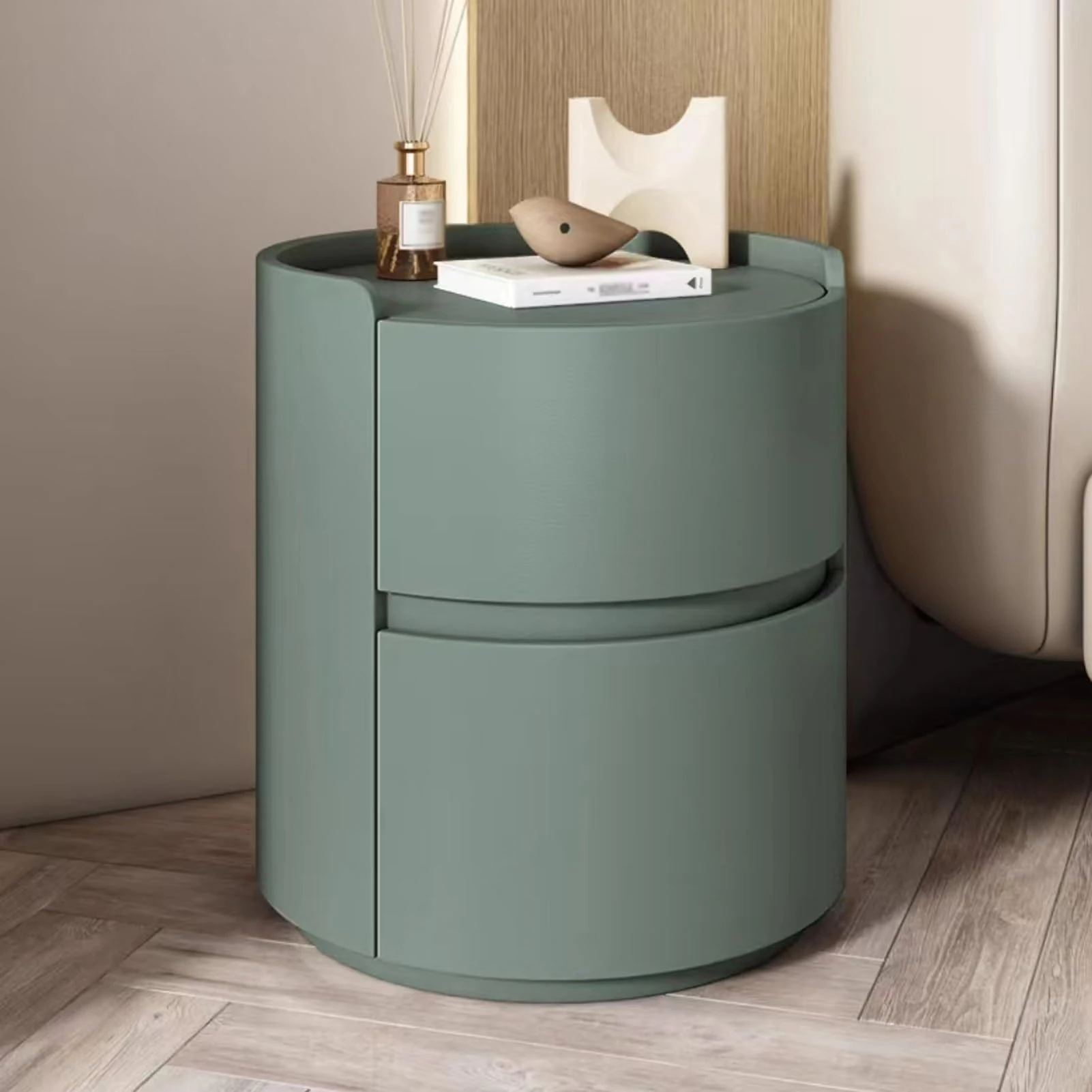 ERICAT Round Night Stand Nightstand, Wooden Bedside Table for Bedroom, Outer Leather Bedside Table, Nightstand Storage Living Room end Tables Drawer Shelf Bed Side Table(Green,40x40x50cm)