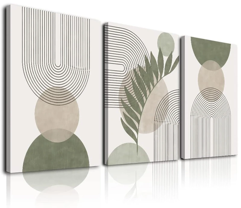 Sage Green Boho Wall Art Set of 3, Minimalist Framed Wall Art Geometric Line Leaf Sun Moon Beige Canvas Artwork Paintings, Abstract Botanical Boho Room Decor