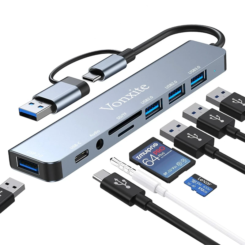 USB C Adapter 8 in 1, USB Hub Multiport Adapter with Type C Data Ports, USB-A 3.0, 3*U SB 2.0, SD/TF Card Reader, 3.5mm Headphone Jack, Type C Hub Docking Station for Smartphones/Laptops/Pad/Switch
