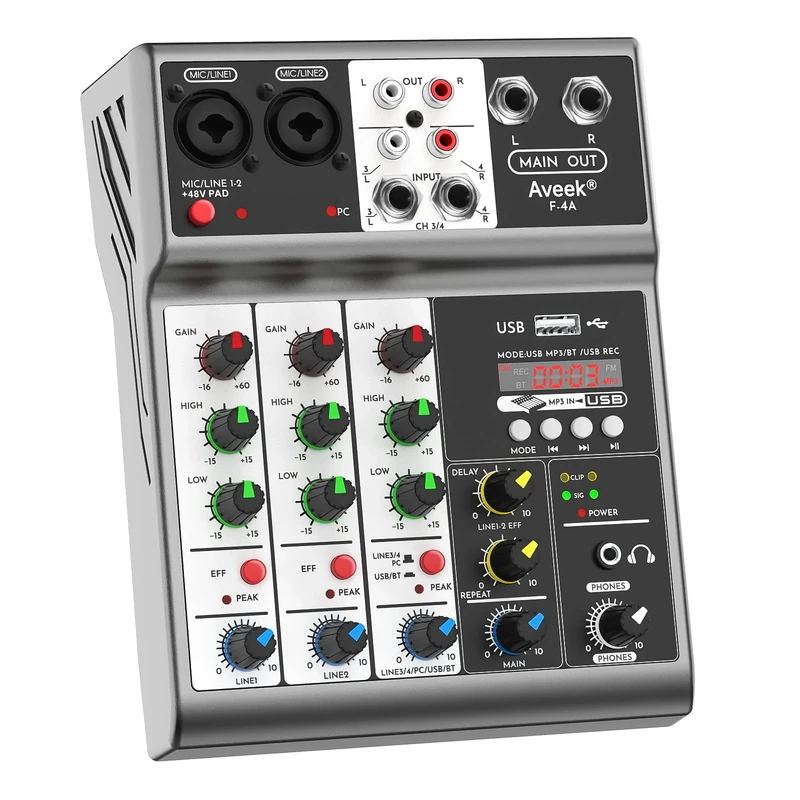 Aveek 4-Channel Audio Mixer, Mixing Sound Board with USB Bluetooth Reverb Delay Effect, 48 V Input, Phantom Power Stereo DJ Mixer for Recording, Live Streaming