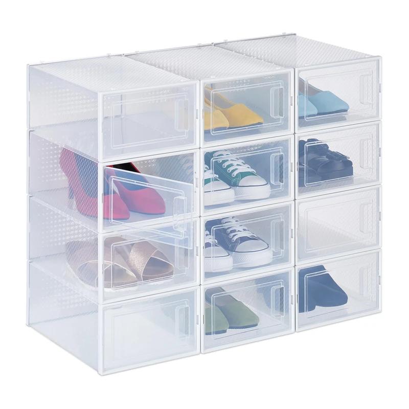 Relaxdays Shoe Boxes 12 Pack, Footwear Organiser, Stackable, Plug-in, up to Size 45, with Ventilation Slots, Transparent, 14.5 x 23 x 33.5 cm - Image 1